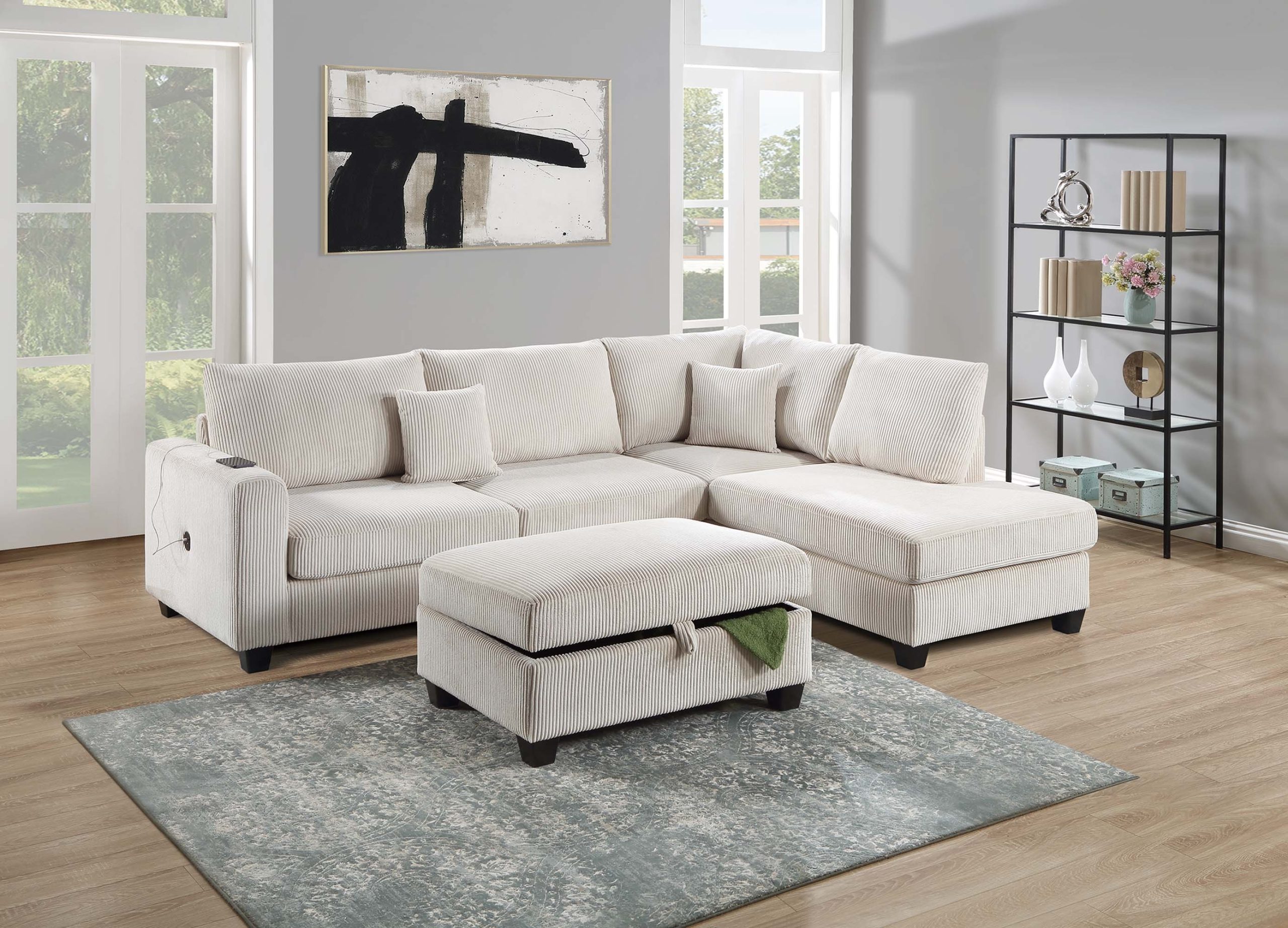 3 Piece Sectional Set USB Port + Storage Ottoman