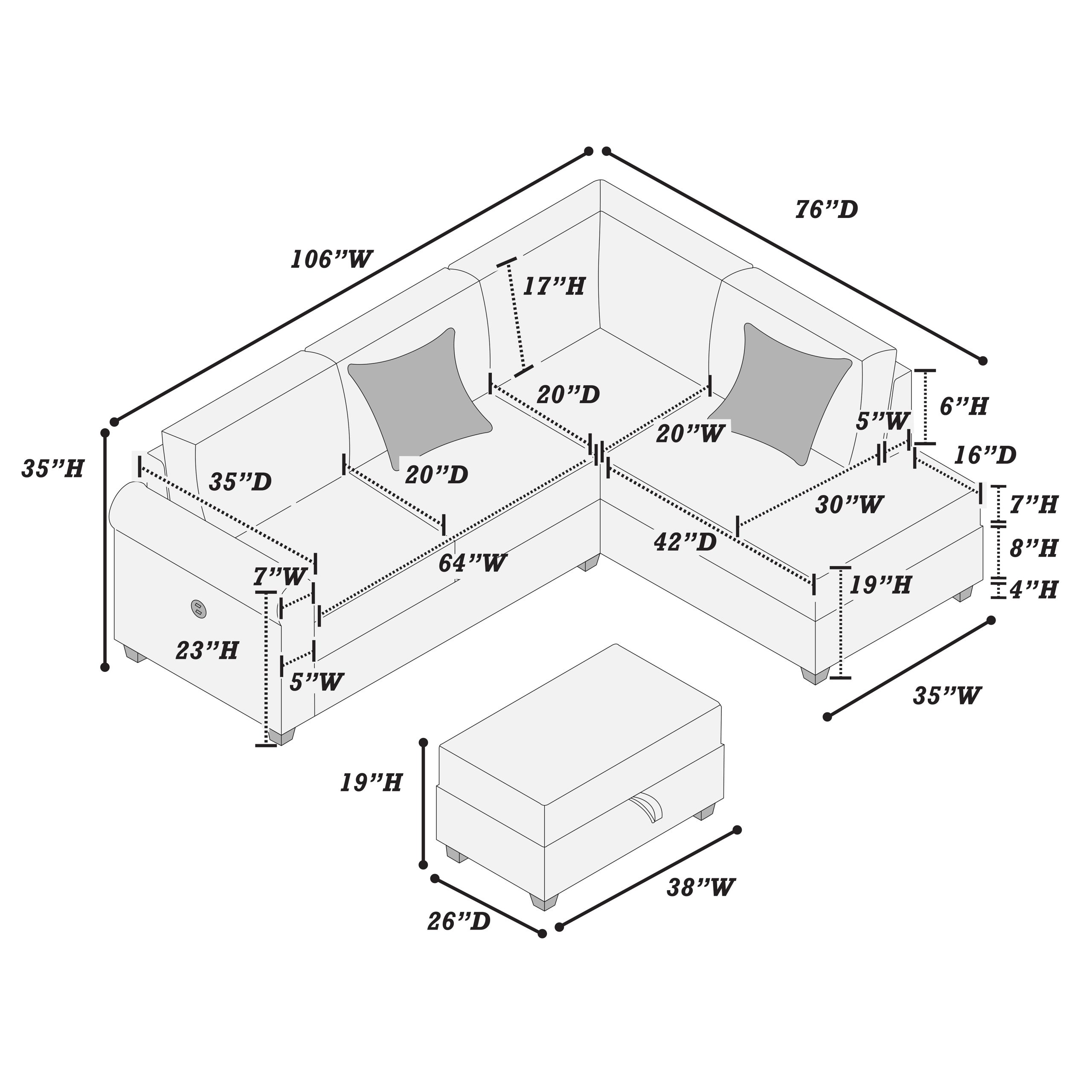3 Piece Sectional Set USB Port + Storage Ottoman - Image 4