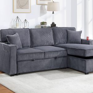 2 Piece Reversible Sectional Storage Chaise, Pull-out Bed W/ Cup Holder & USB Port