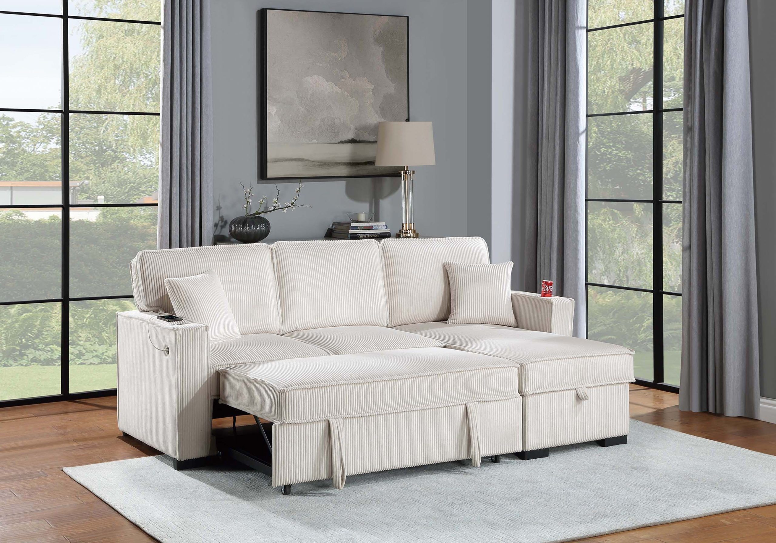 2 Piece Reversible Sectional Storage Chaise, Pull-out Bed W/ Cup Holder & USB Port - Image 2