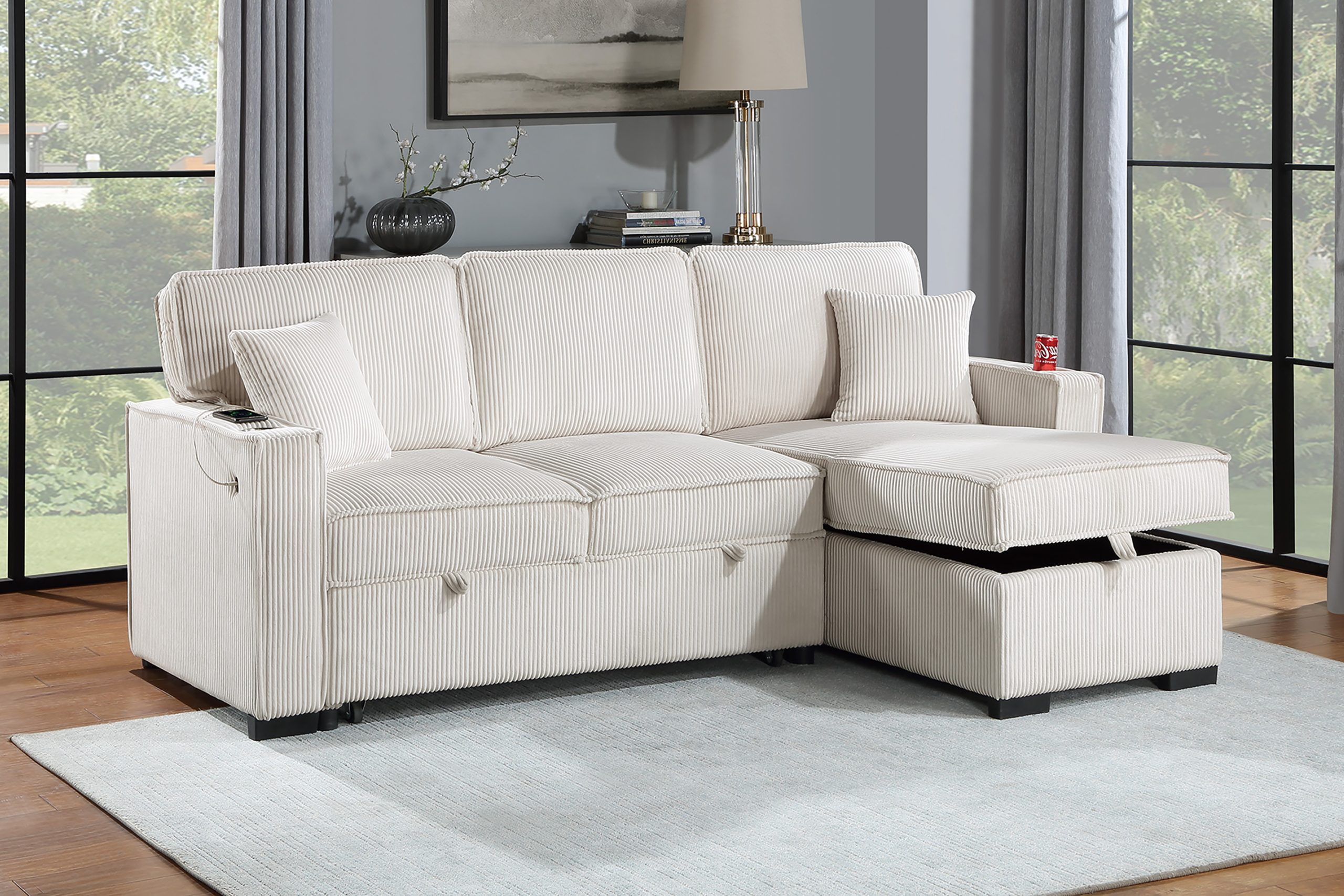 2 Piece Reversible Sectional Storage Chaise, Pull-out Bed W/ Cup Holder & USB Port