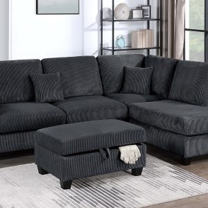3 Piece Sectional Set USB Port + Storage Ottoman