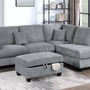3 Piece Sectional Set USB Port + Storage Ottoman