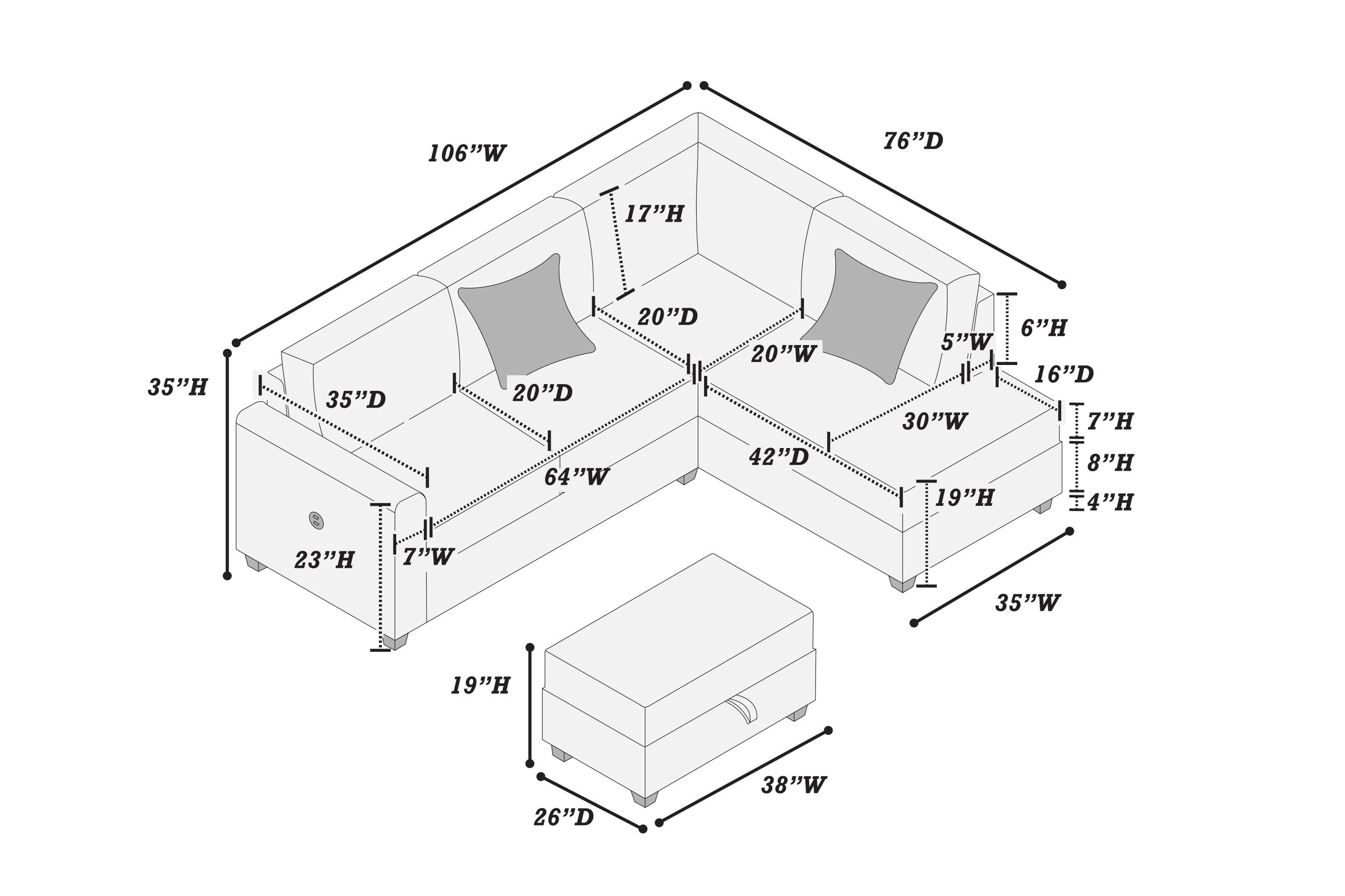 3 Piece Sectional Set USB Port + Storage Ottoman - Image 7