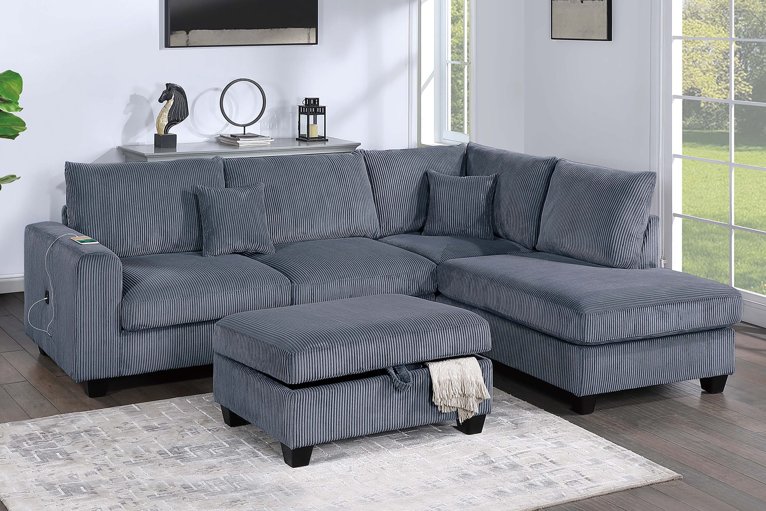3 Piece Sectional Set USB Port + Storage Ottoman