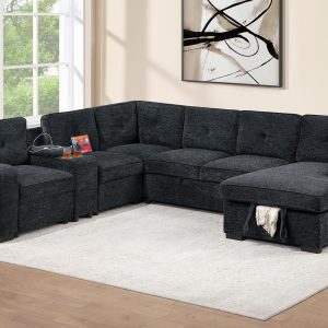 4 Piece Convertible Sectional Pull-Out Bed Sofa W/Console + Cup Holder + USB Port + Chaise Storage