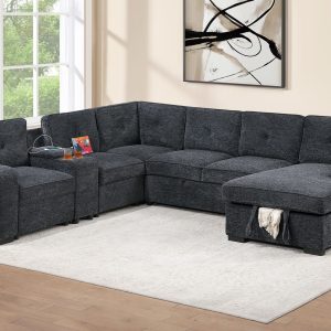 4 Piece Convertible Sectional Pull-Out Bed Sofa W/Console + Cup Holder + USB Port + Chaise Storage