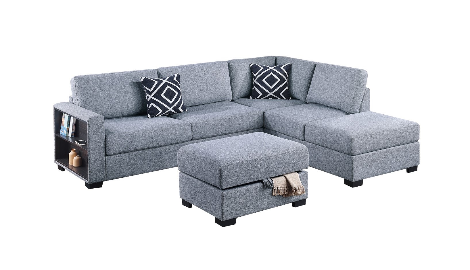 3 Piece Sectional Reversible Chaise + Sofa W/ Built-In Shelf + Storage Ottoman - Image 2