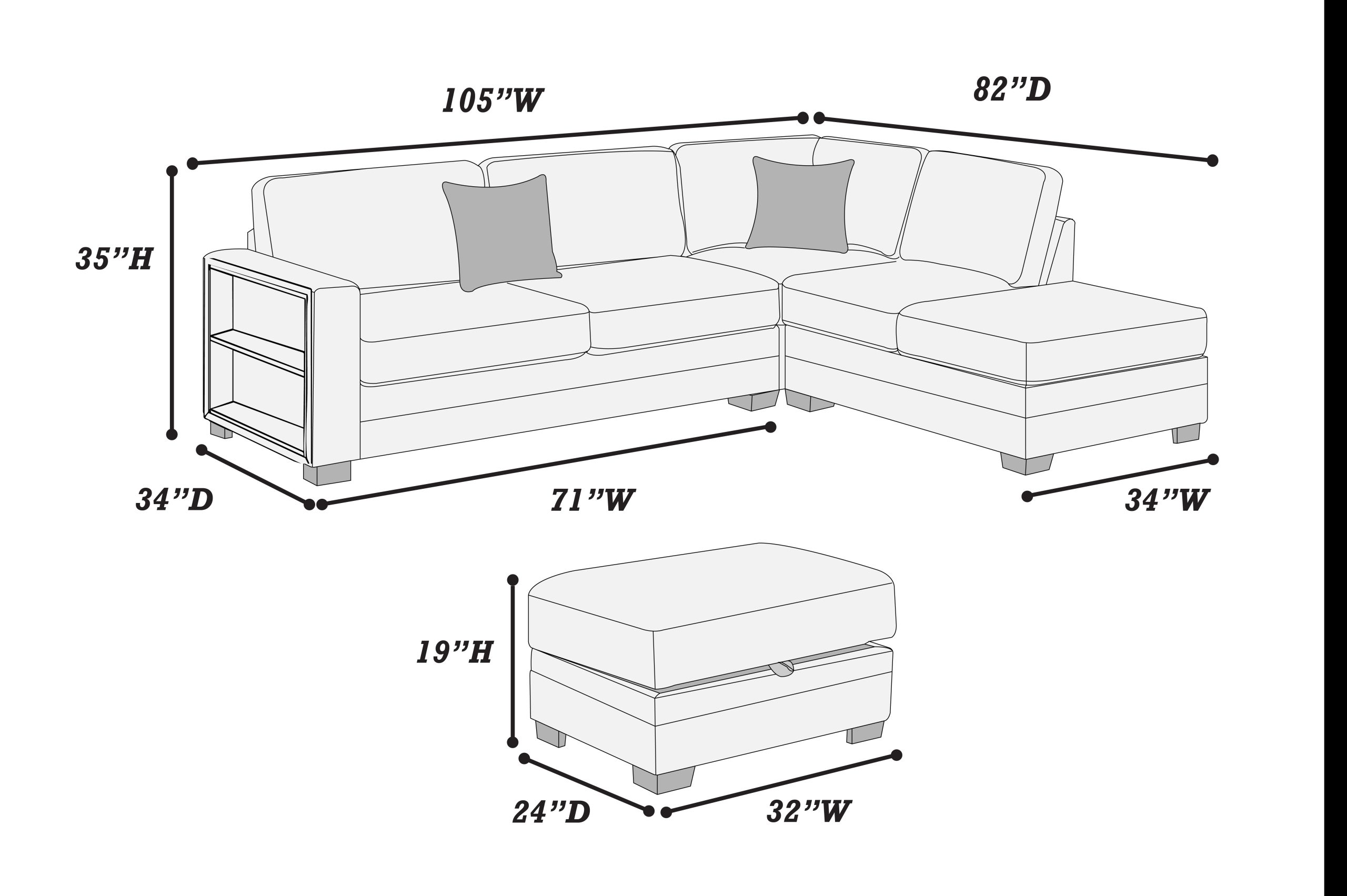 3 Piece Sectional Reversible Chaise + Sofa W/ Built-In Shelf + Storage Ottoman - Image 3
