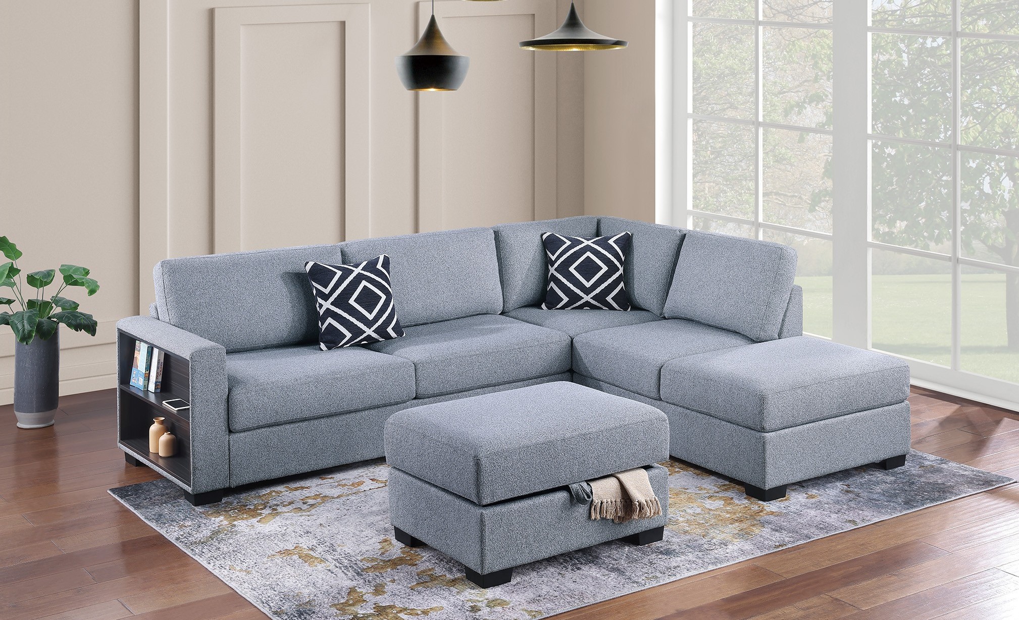 3 Piece Sectional Reversible Chaise + Sofa W/ Built-In Shelf + Storage Ottoman