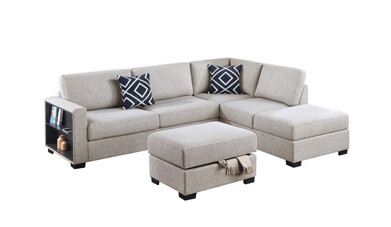 3 Piece Sectional Reversible Chaise + Sofa W/ Built-In Shelf + Storage Ottoman - Image 2