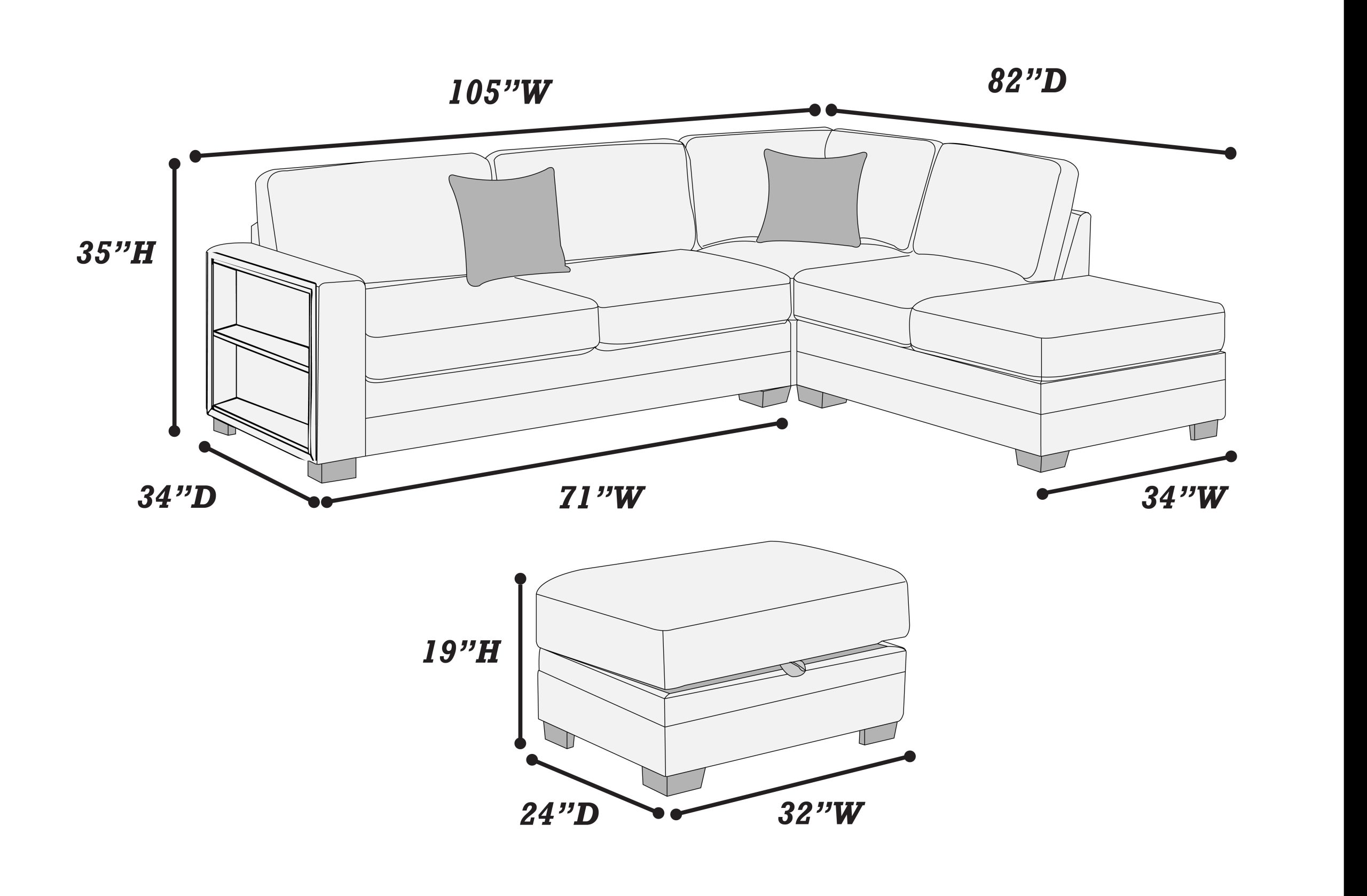 3 Piece Sectional Reversible Chaise + Sofa W/ Built-In Shelf + Storage Ottoman - Image 3