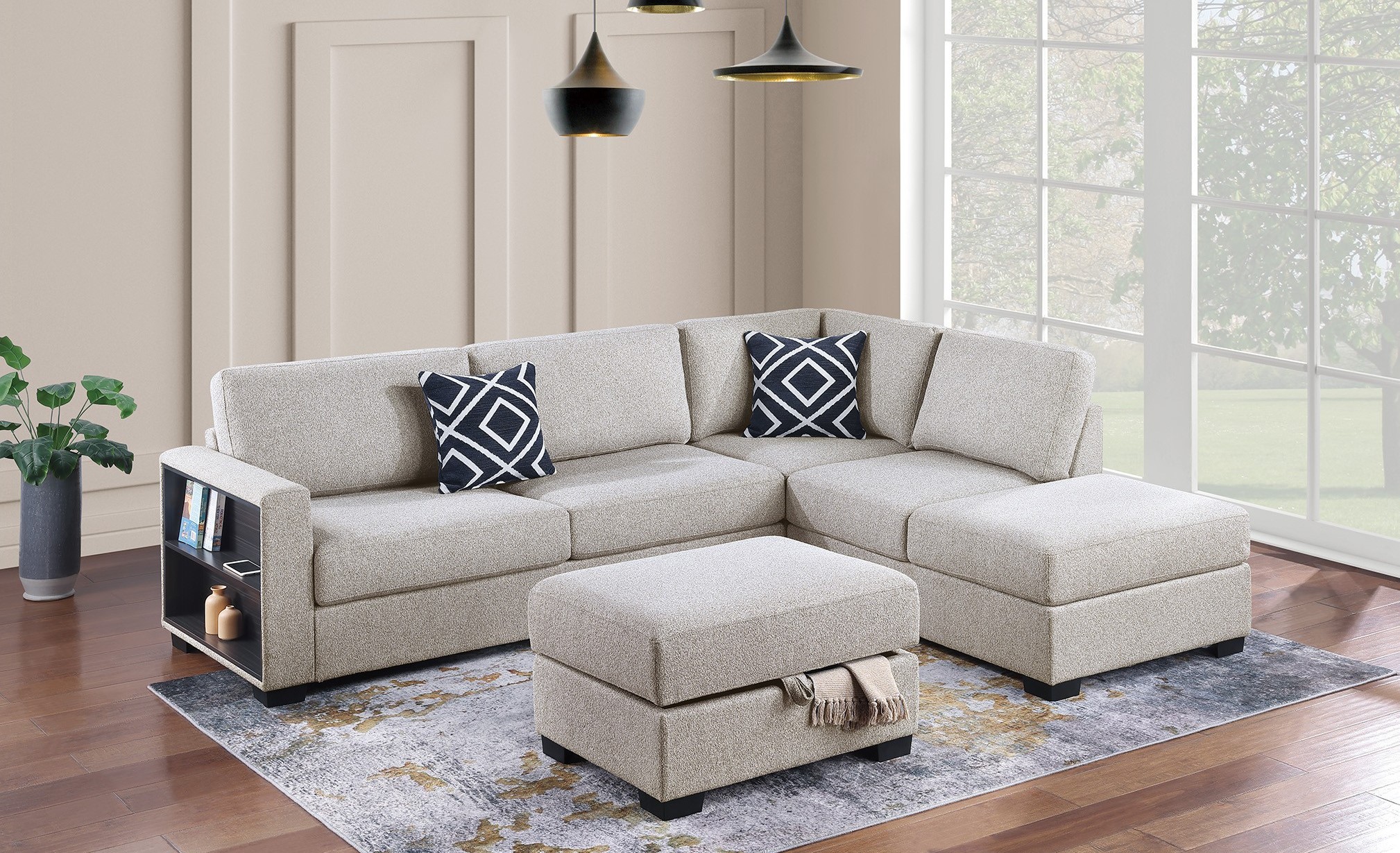 3 Piece Sectional Reversible Chaise + Sofa W/ Built-In Shelf + Storage Ottoman