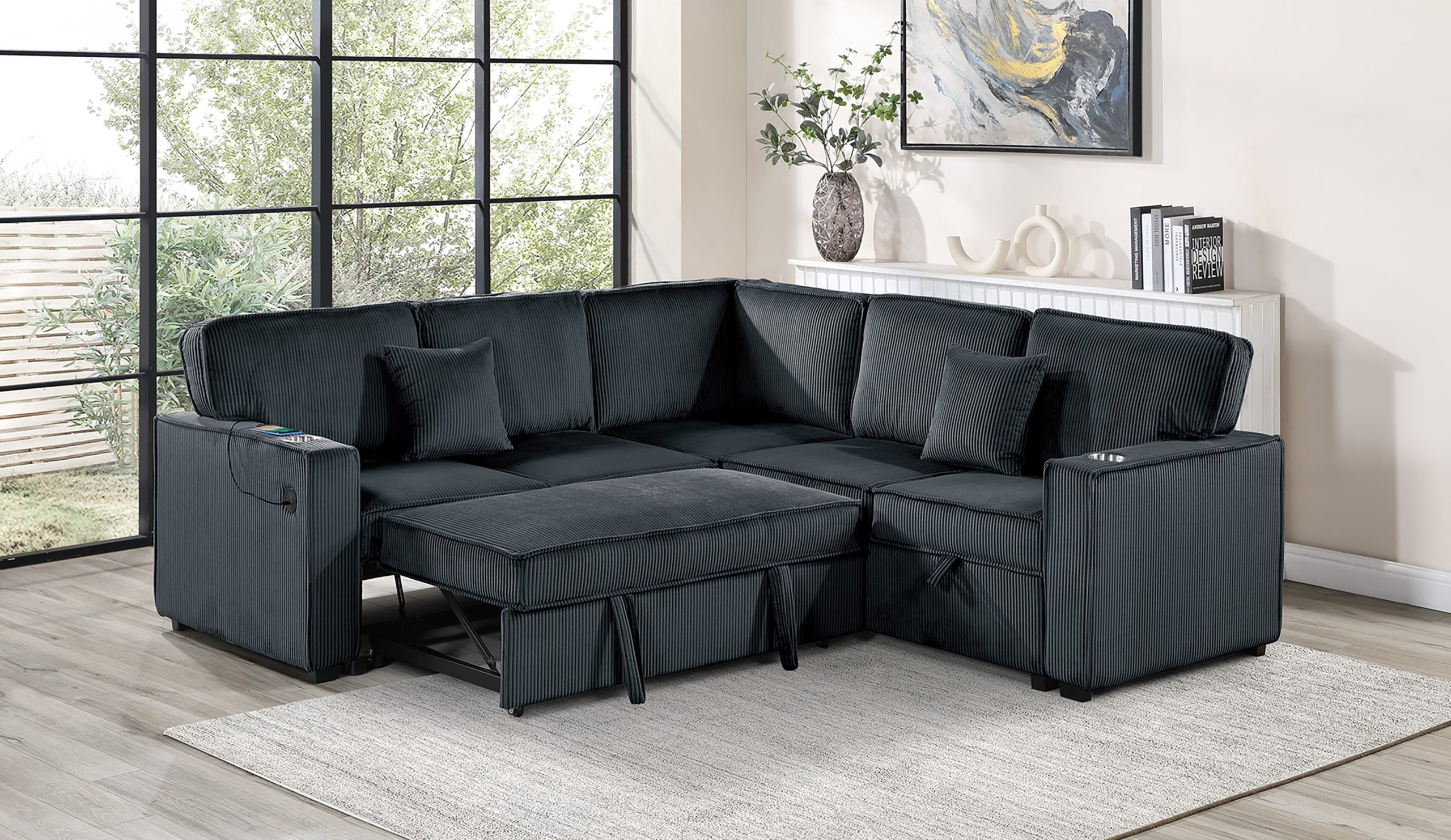 3 Piece Convertible Sectional Sleeper Sofa W/Cupholder, Sofa Storage, & USB Ports - Image 2