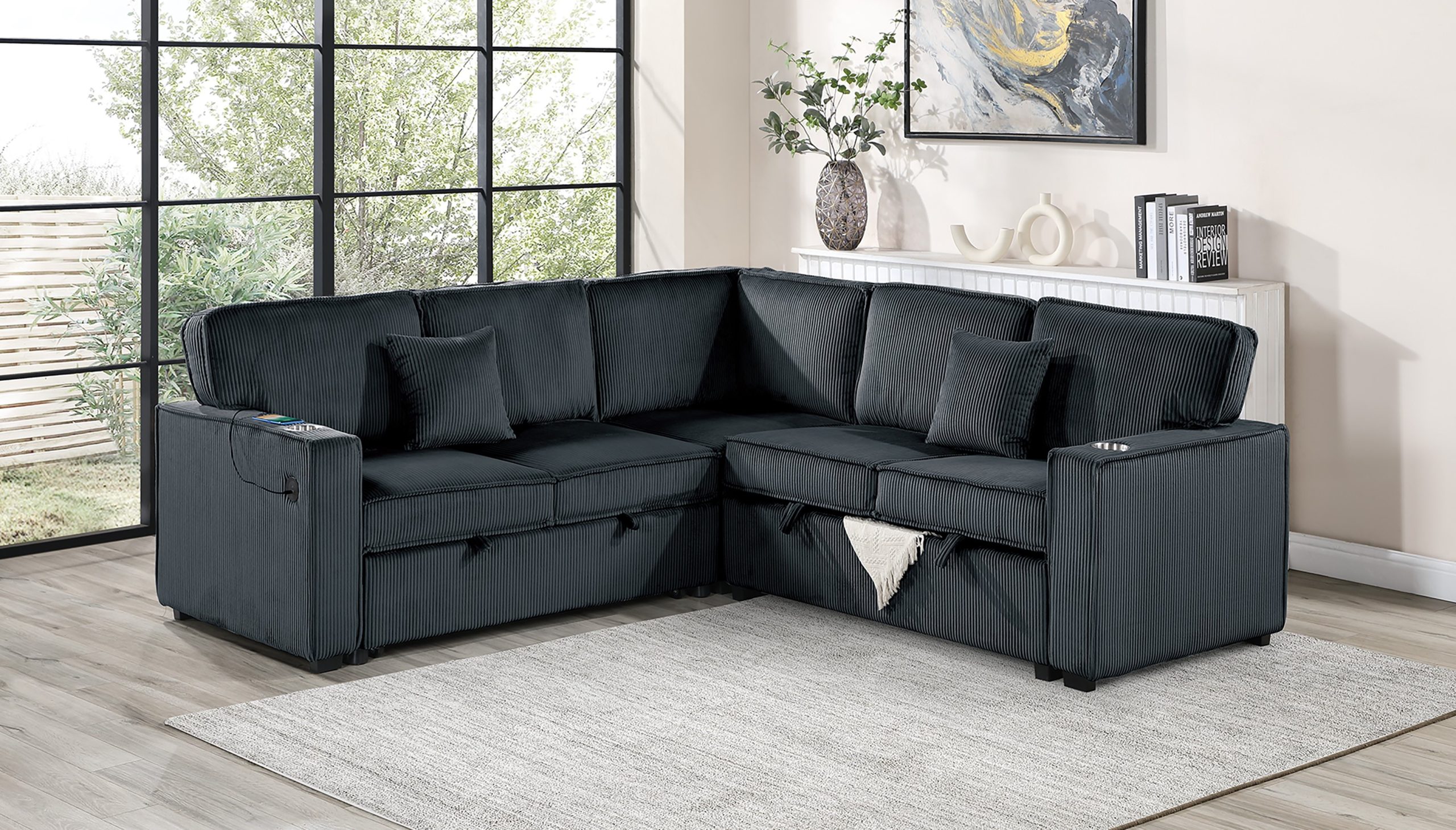3 Piece Convertible Sectional Sleeper Sofa W/Cupholder, Sofa Storage, & USB Ports - Image 3