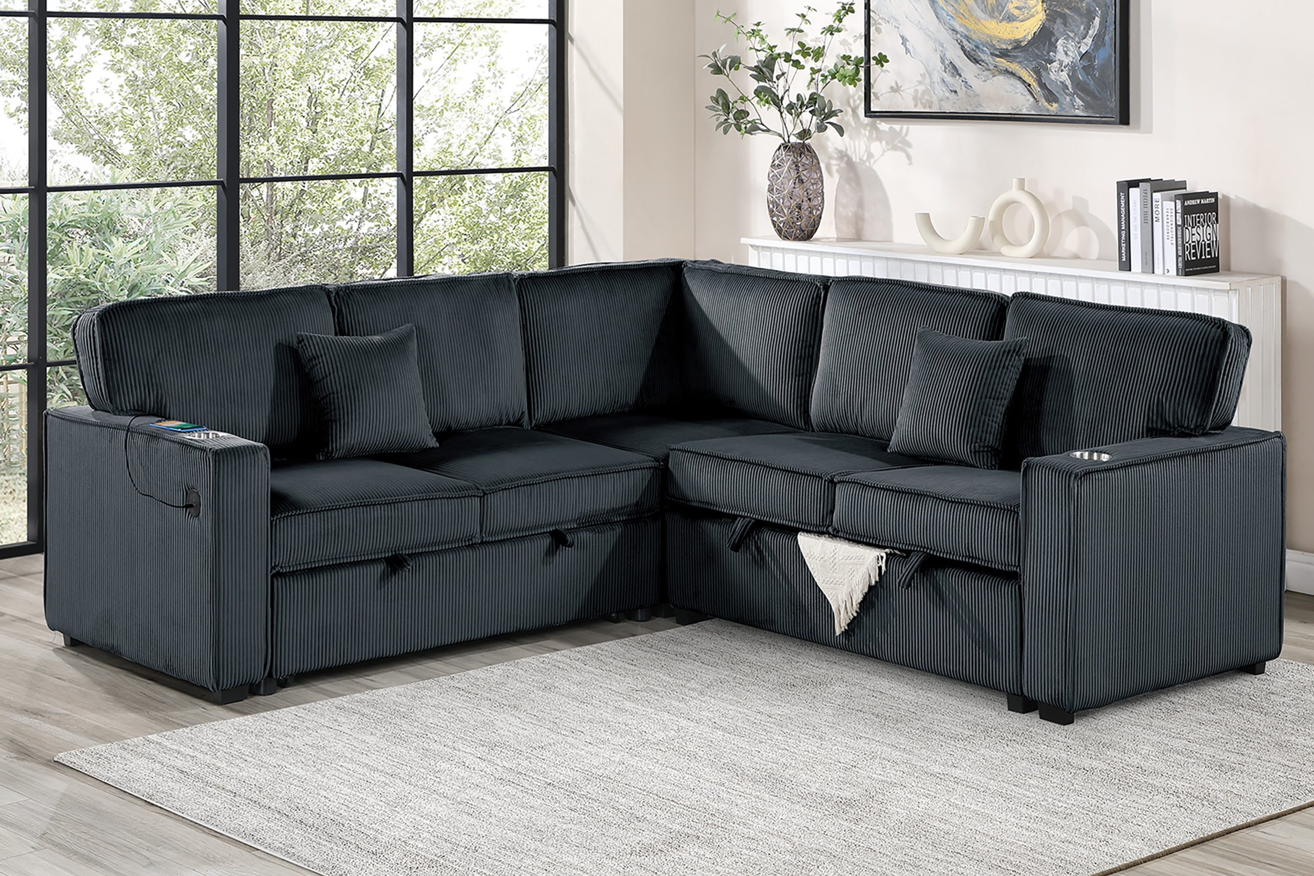 3 Piece Convertible Sectional Sleeper Sofa W/Cupholder, Sofa Storage, & USB Ports